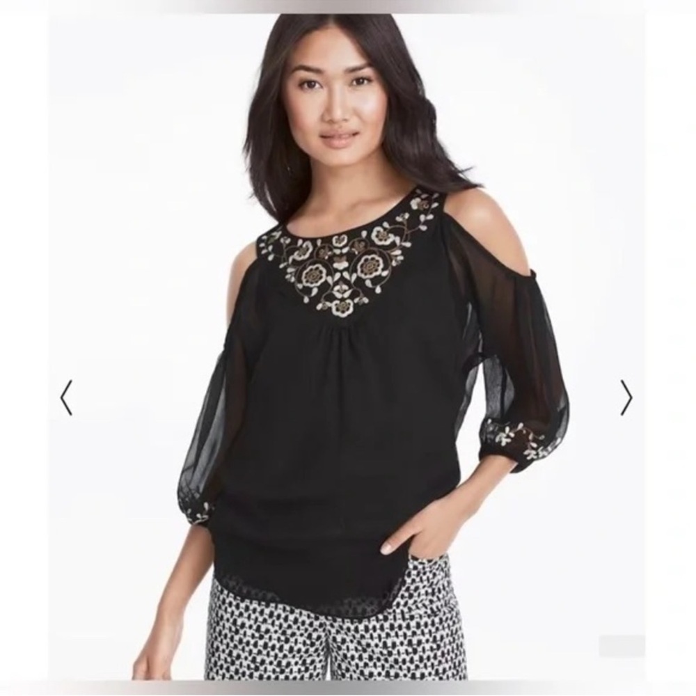 2/$30 White House Black Market -Black Beaded & Embroidered Could Shoulder Blouse
